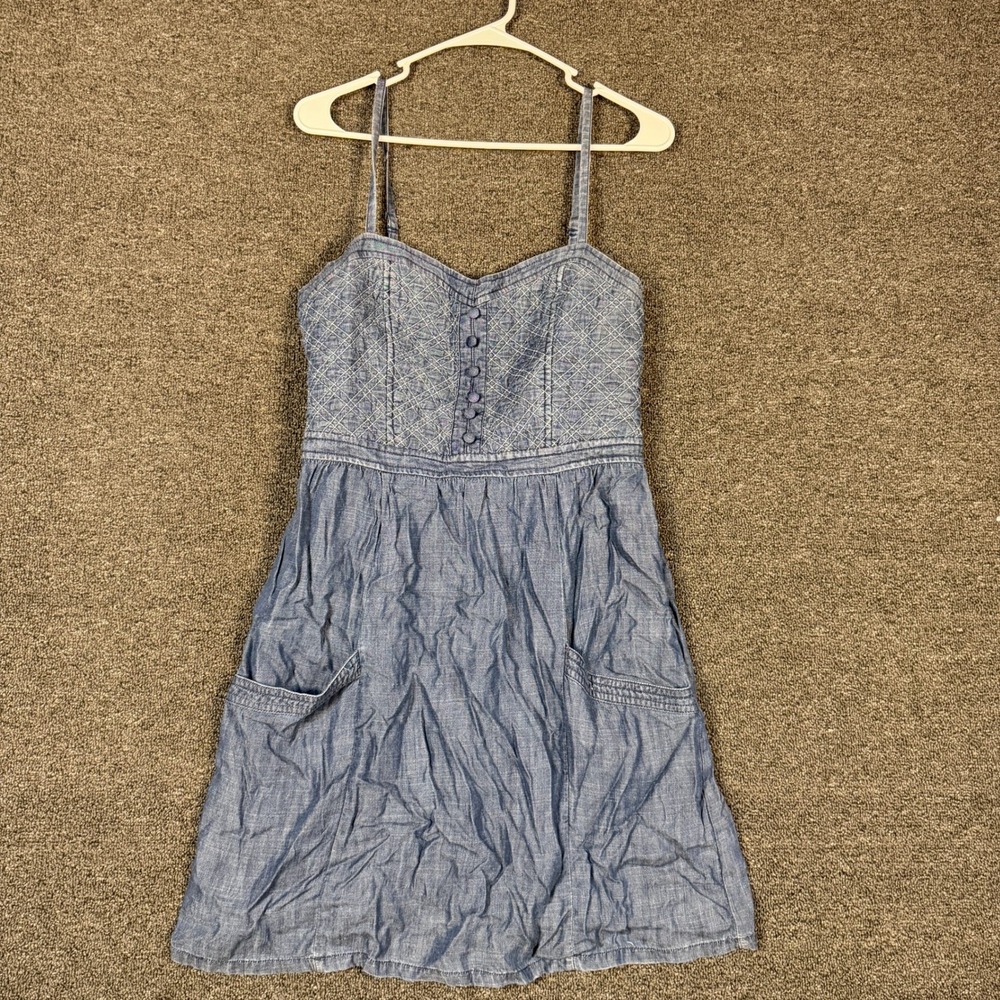 American Eagle Chambray Quilted Bodice Sun Dress Blue Denim Pockets Size 10 Y2k